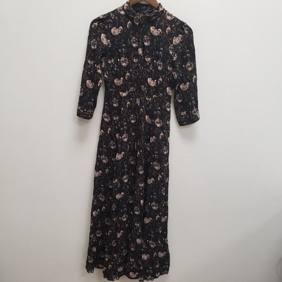 Zara Dresses & Skirts - Zara Womans Maxi Dress Size XS Black Floral 3/4 Sleeve Pockets Collared Buttons